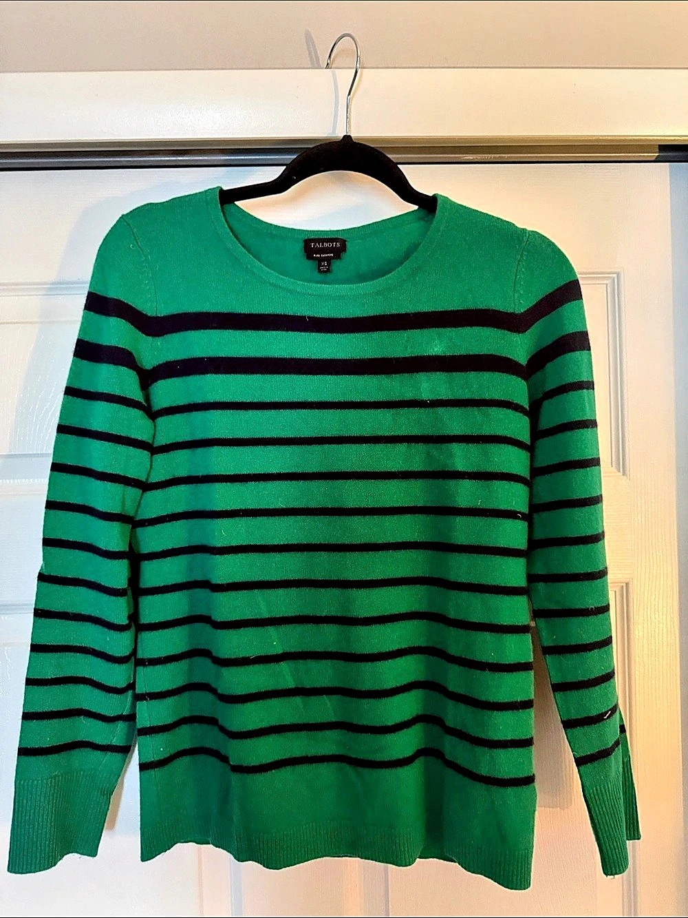 Talbots Cashmere Striped Crewneck in Green & Black Size XS Like New